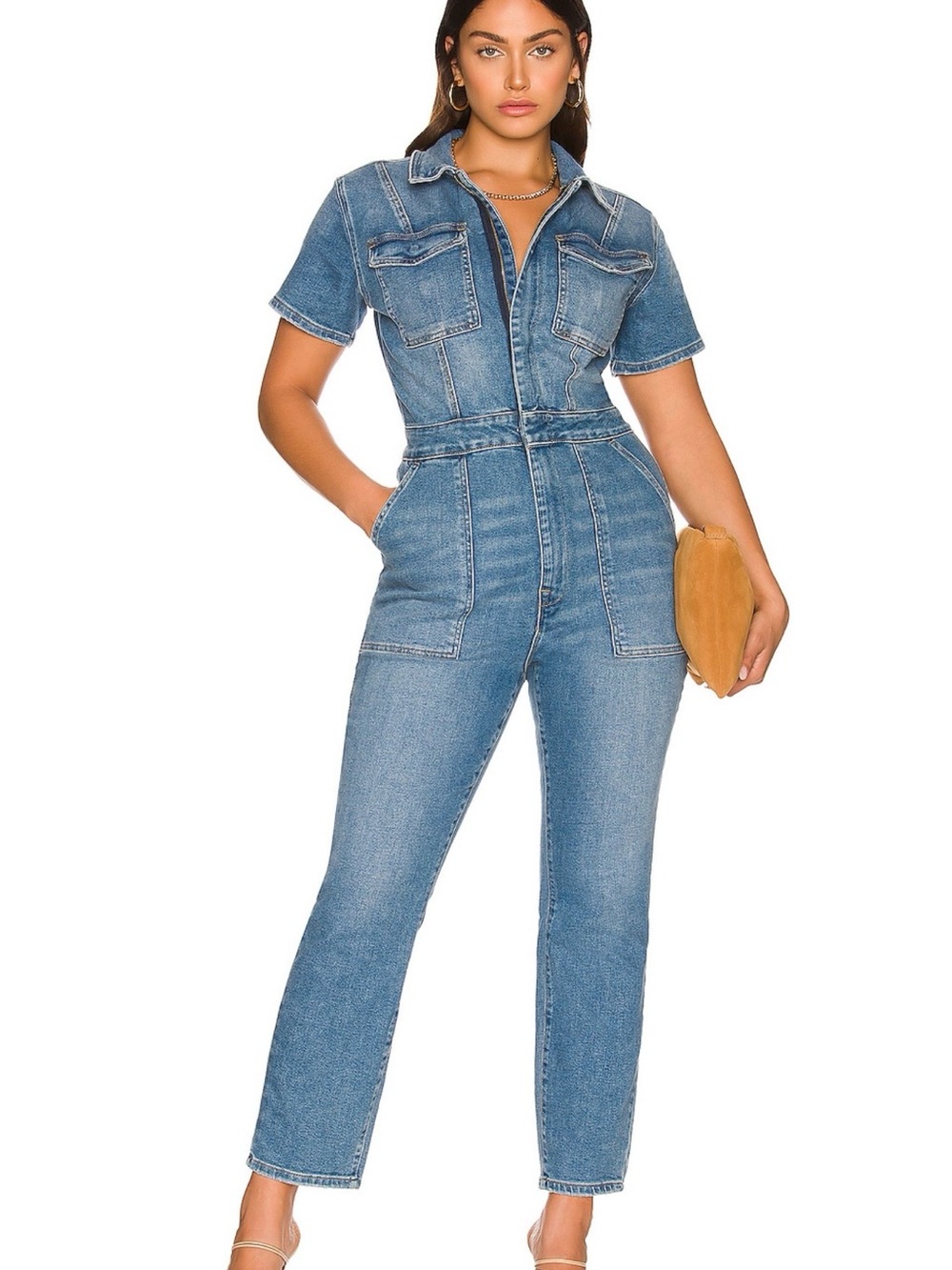Good American Blue Short-Sleeve Denim Jumpsuit